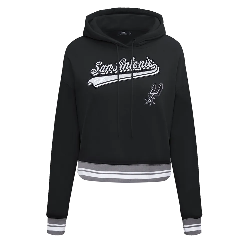 NBA SAN ANTONIO SPURS SCRIPT TAIL WOMEN'S RIB FLC CROPPED PO HOODIE (BLACK/GRAY)