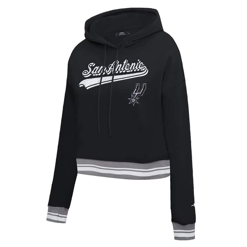 NBA SAN ANTONIO SPURS SCRIPT TAIL WOMEN'S RIB FLC CROPPED PO HOODIE (BLACK/GRAY)