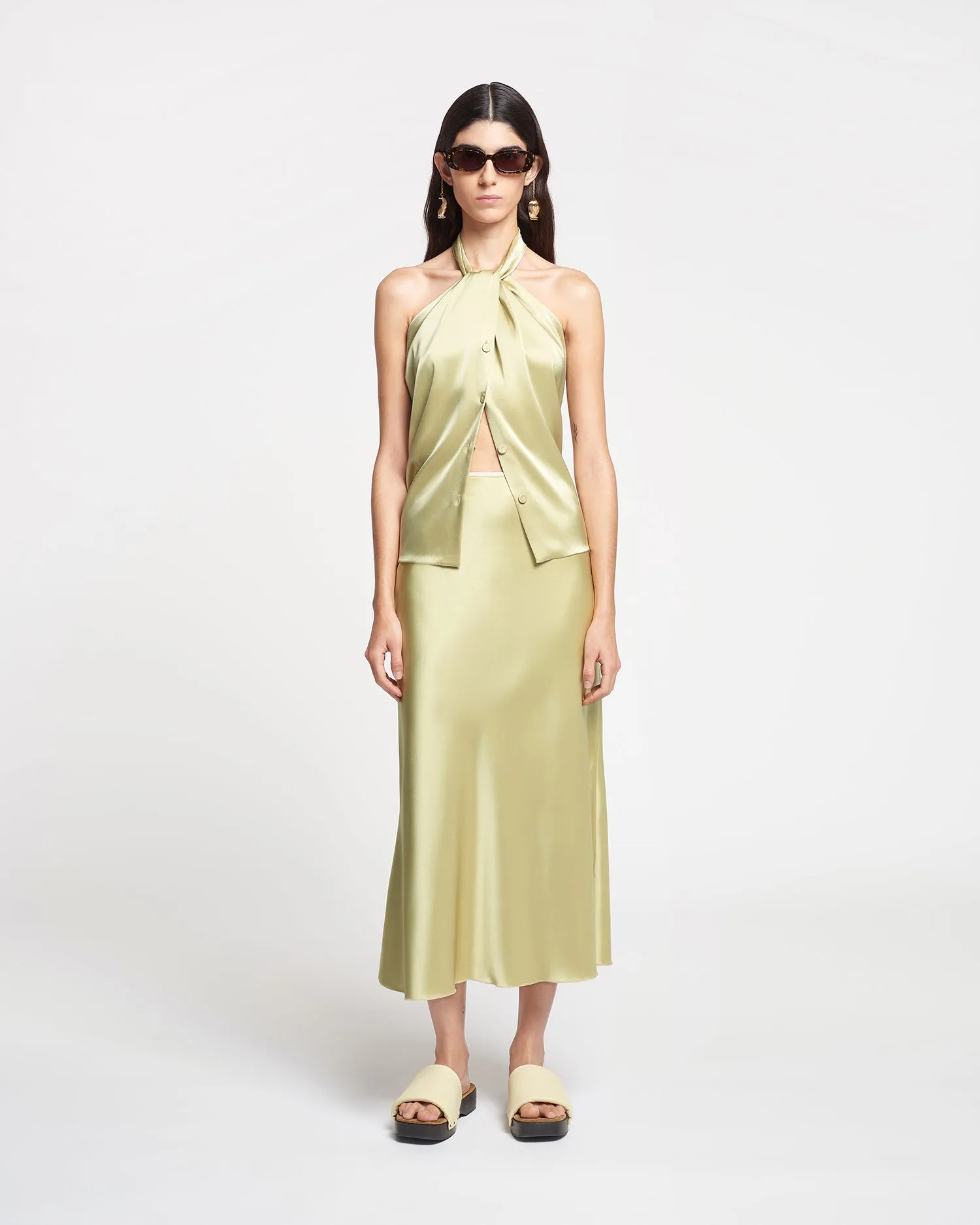 Neline - Draped Slip Satin Top - Lime Yellow