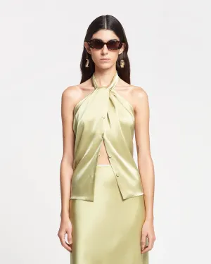 Neline - Draped Slip Satin Top - Lime Yellow