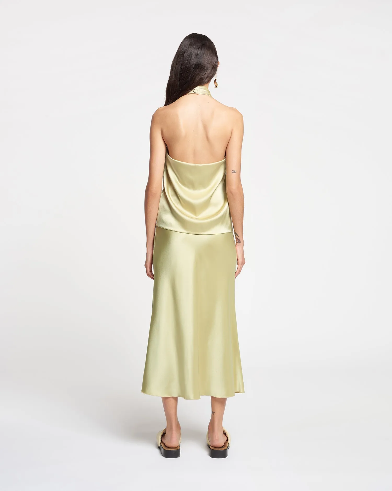 Neline - Draped Slip Satin Top - Lime Yellow