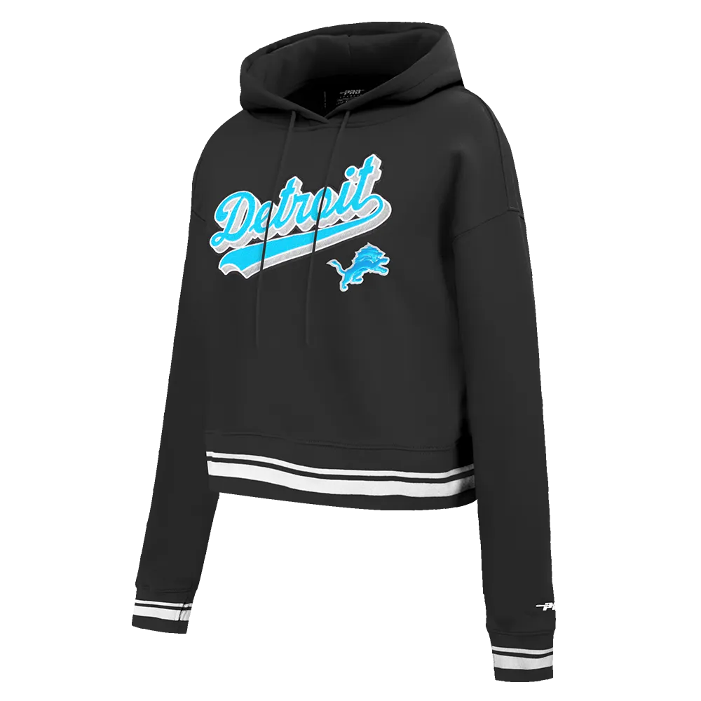 NFL DETROIT LIONS SCRIPT TAIL WOMEN'S RIB FLC CROPPED PO HOODIE (BLACK)