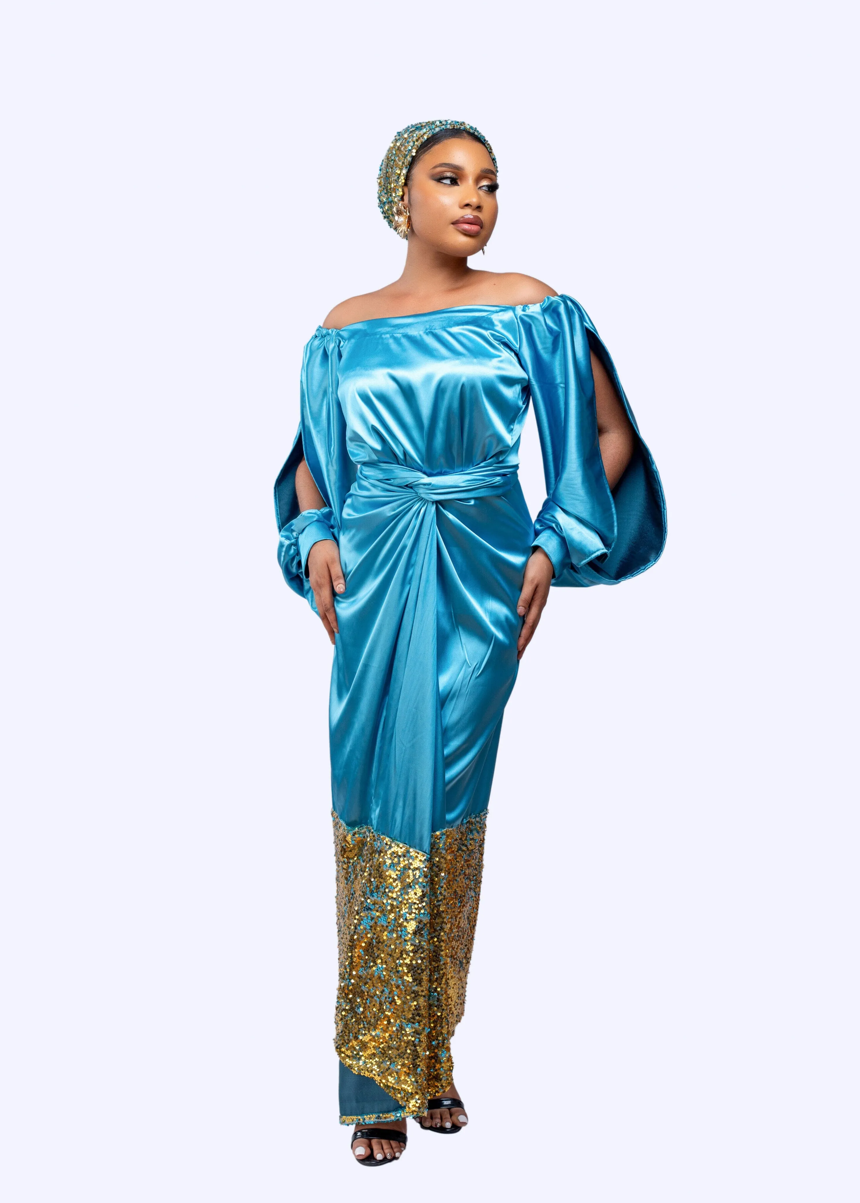 Ogaraya silk off shoulder wrap long dress with sequin