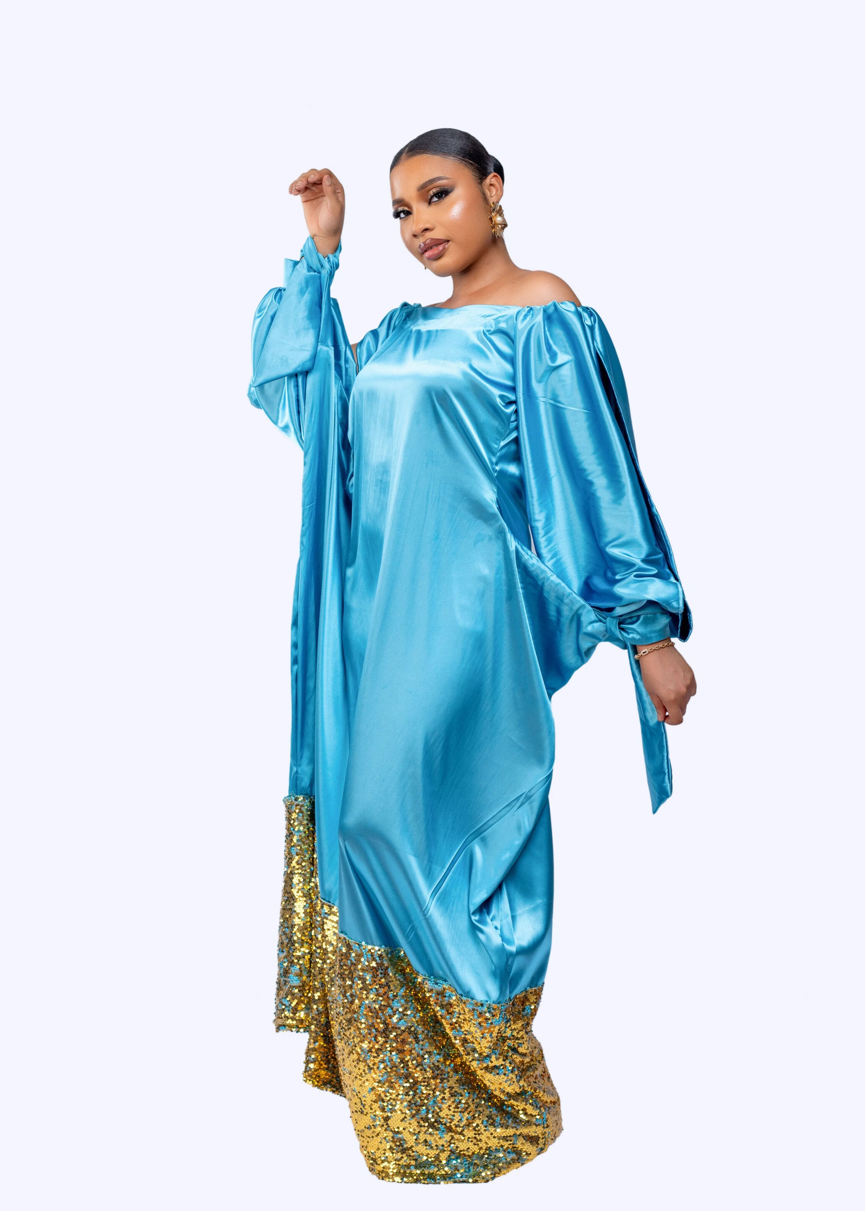 Ogaraya silk off shoulder wrap long dress with sequin