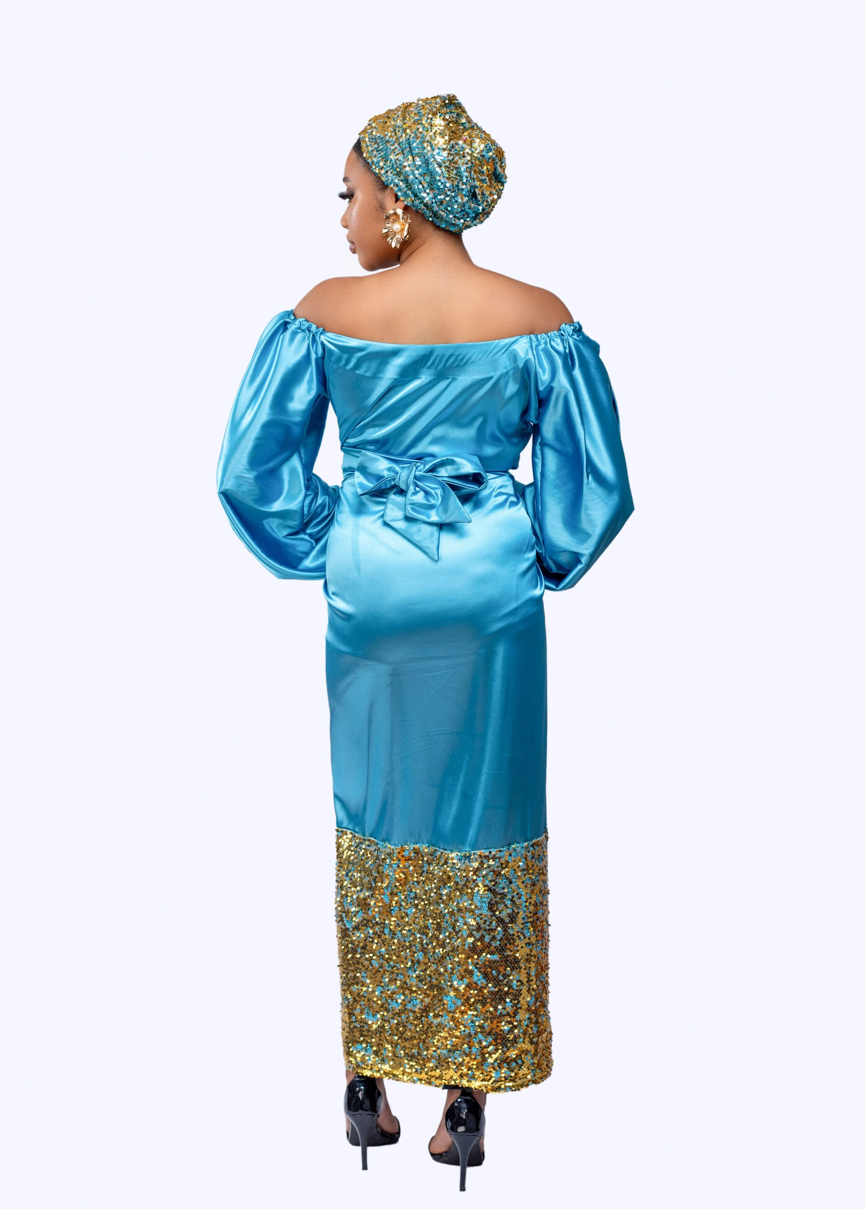 Ogaraya silk off shoulder wrap long dress with sequin