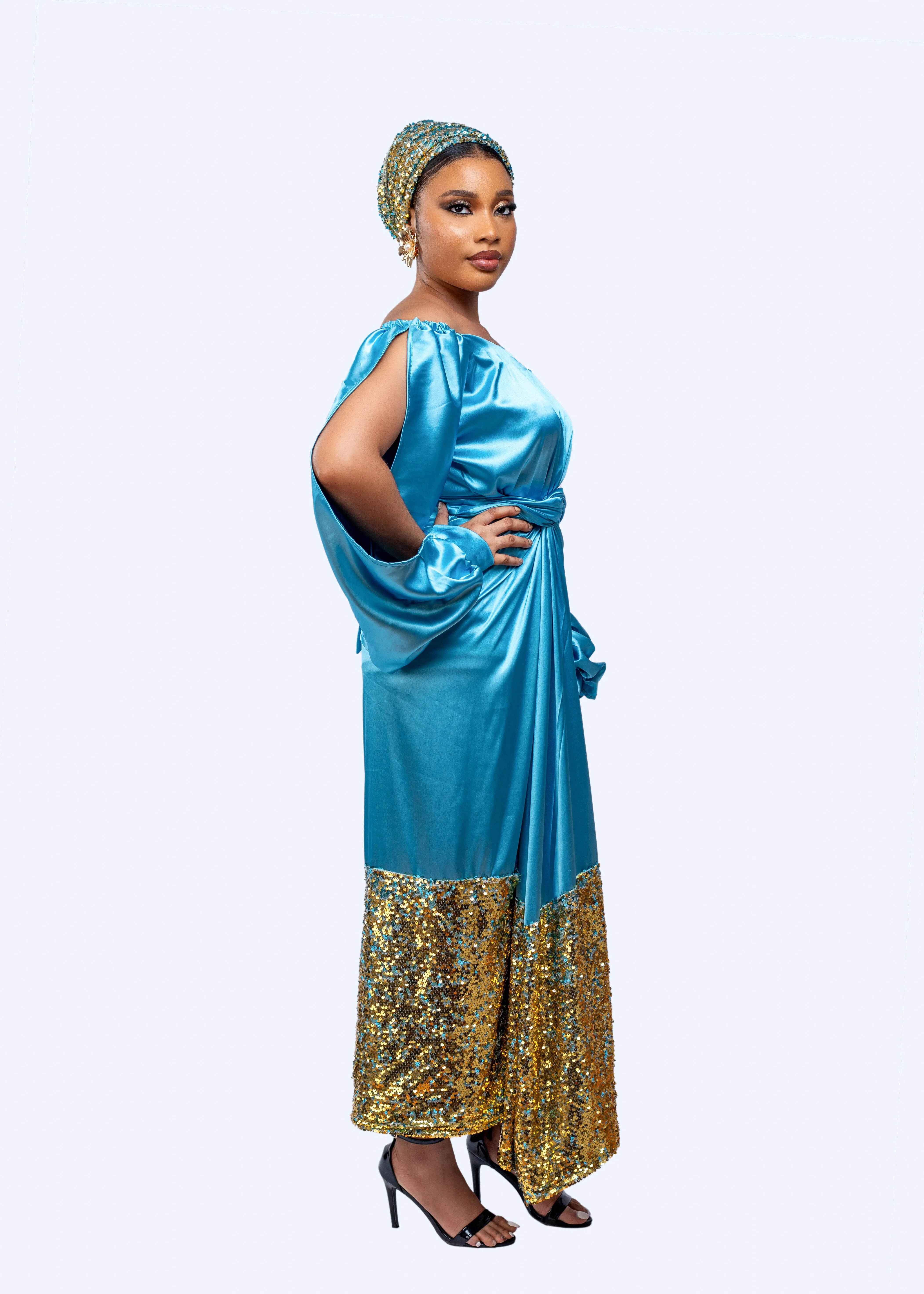 Ogaraya silk off shoulder wrap long dress with sequin