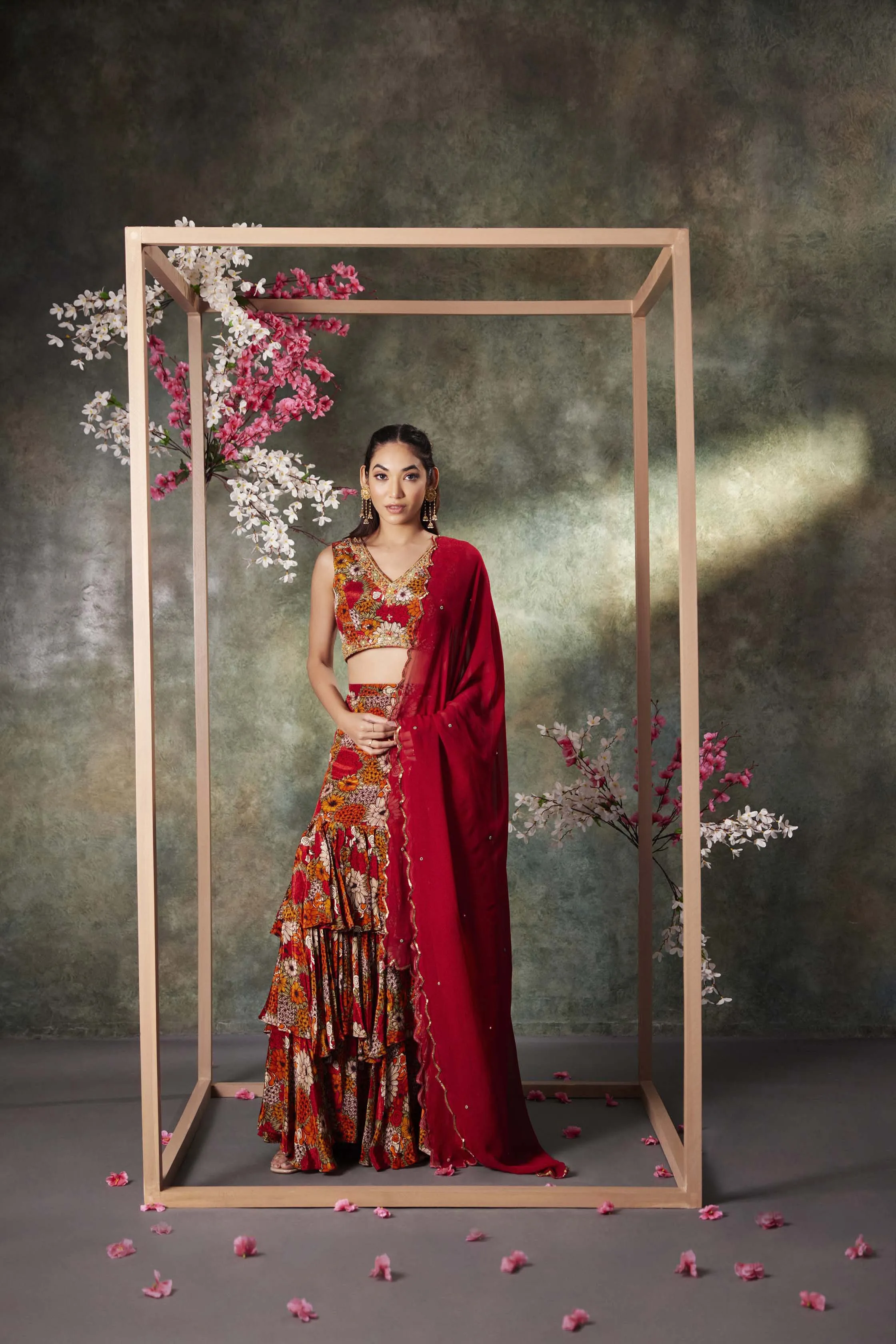Orange Printed Choli, Ruffle Skirt And Dupatta Set With Embroidery