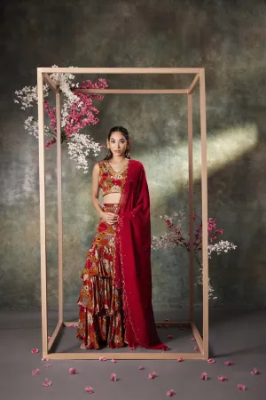 Orange Printed Choli, Ruffle Skirt And Dupatta Set With Embroidery