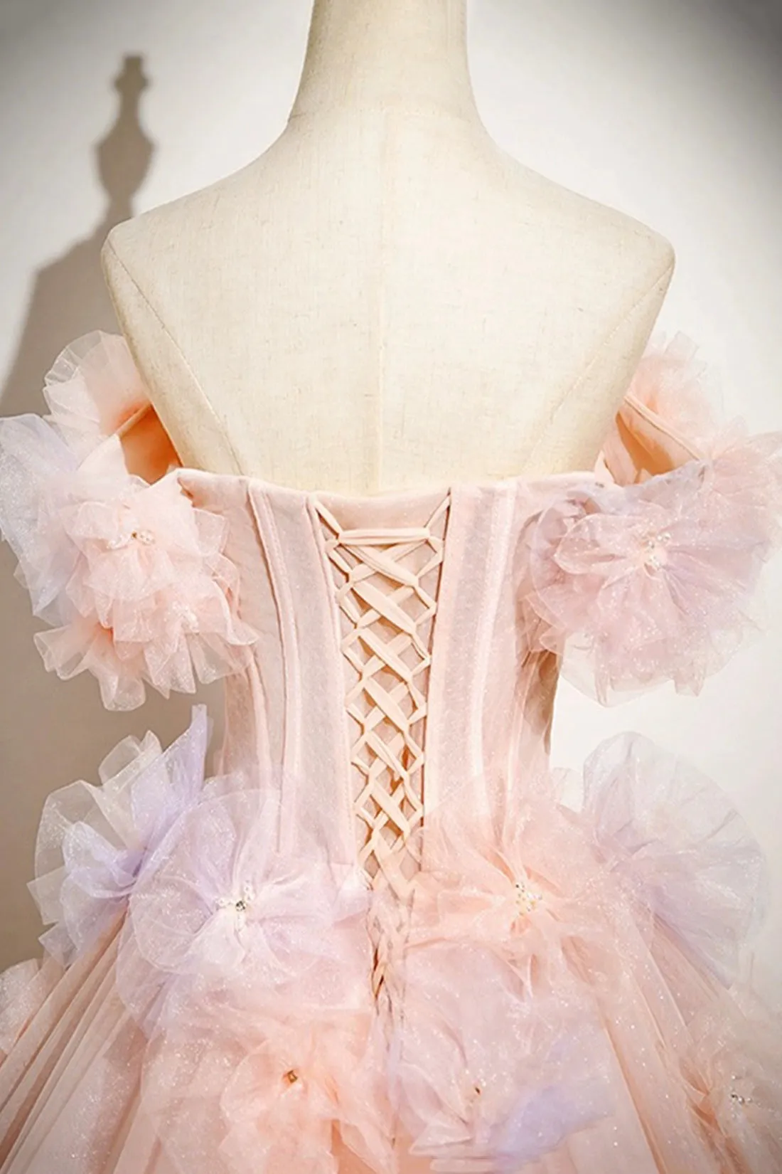 Pink Tulle Floor Length Prom Dress, Beautiful A-Line Off the Shoulder Party Dress