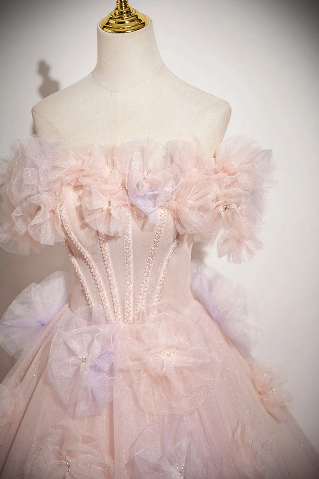 Pink Tulle Floor Length Prom Dress, Beautiful A-Line Off the Shoulder Party Dress