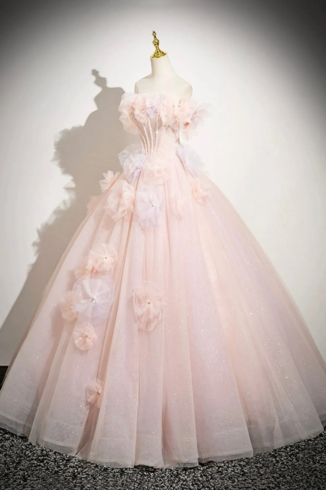 Pink Tulle Floor Length Prom Dress, Beautiful A-Line Off the Shoulder Party Dress
