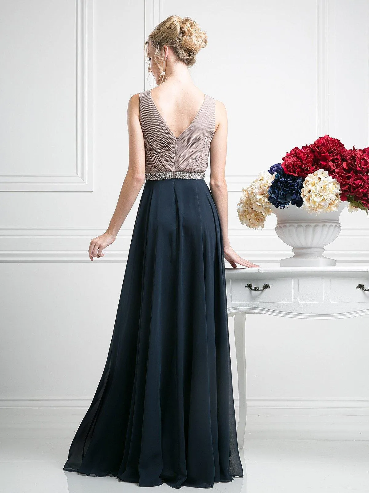 Pleated Long V-Neck Dress by Cinderella Divine 1968