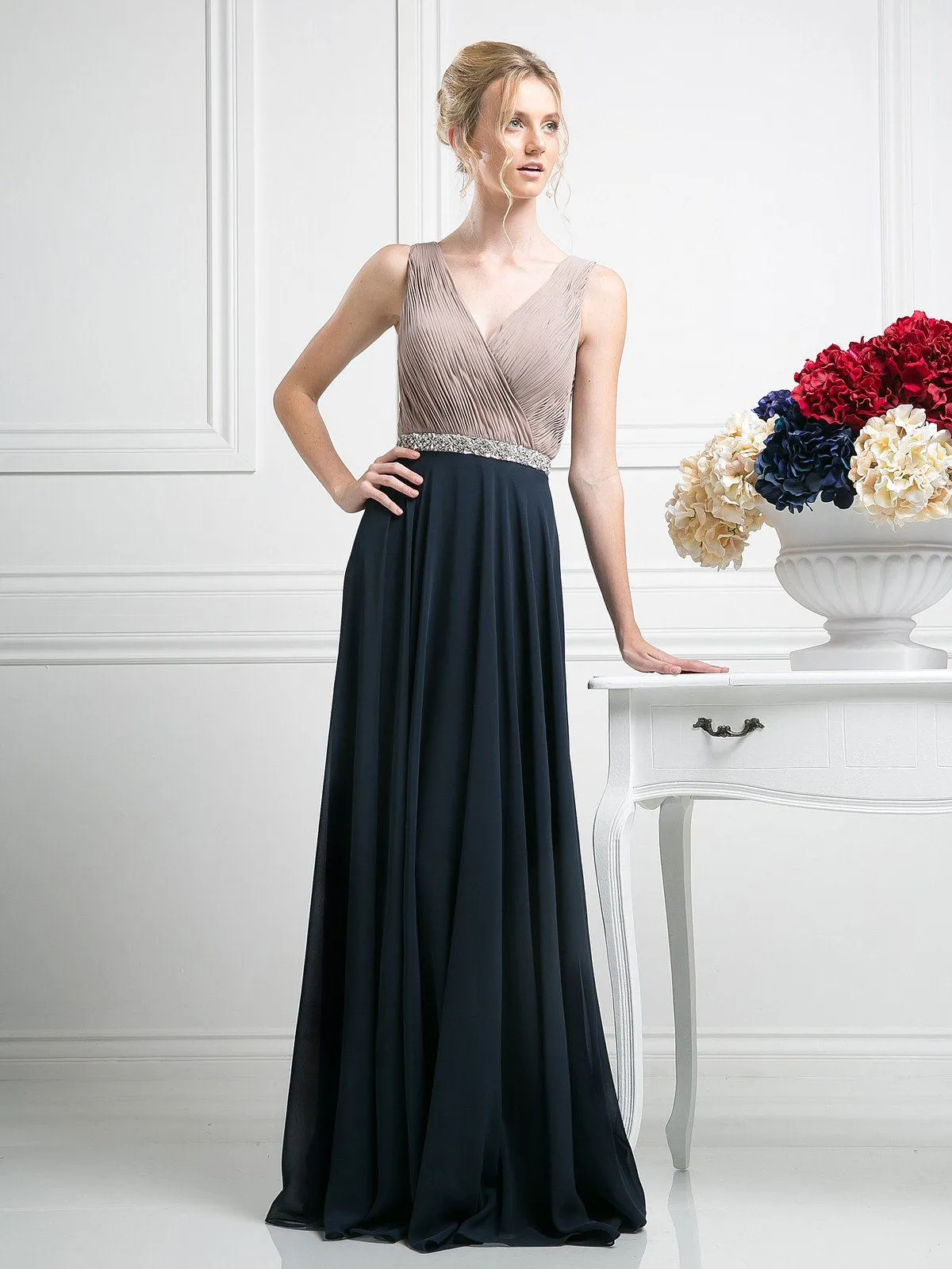 Pleated Long V-Neck Dress by Cinderella Divine 1968