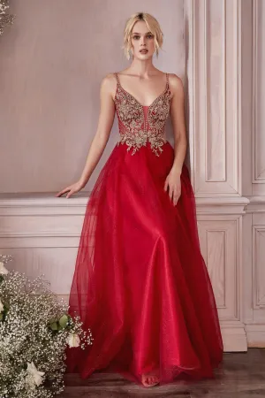 Plunging Neckline Embroidered Embellishment Layered Tulle Gown CD0195