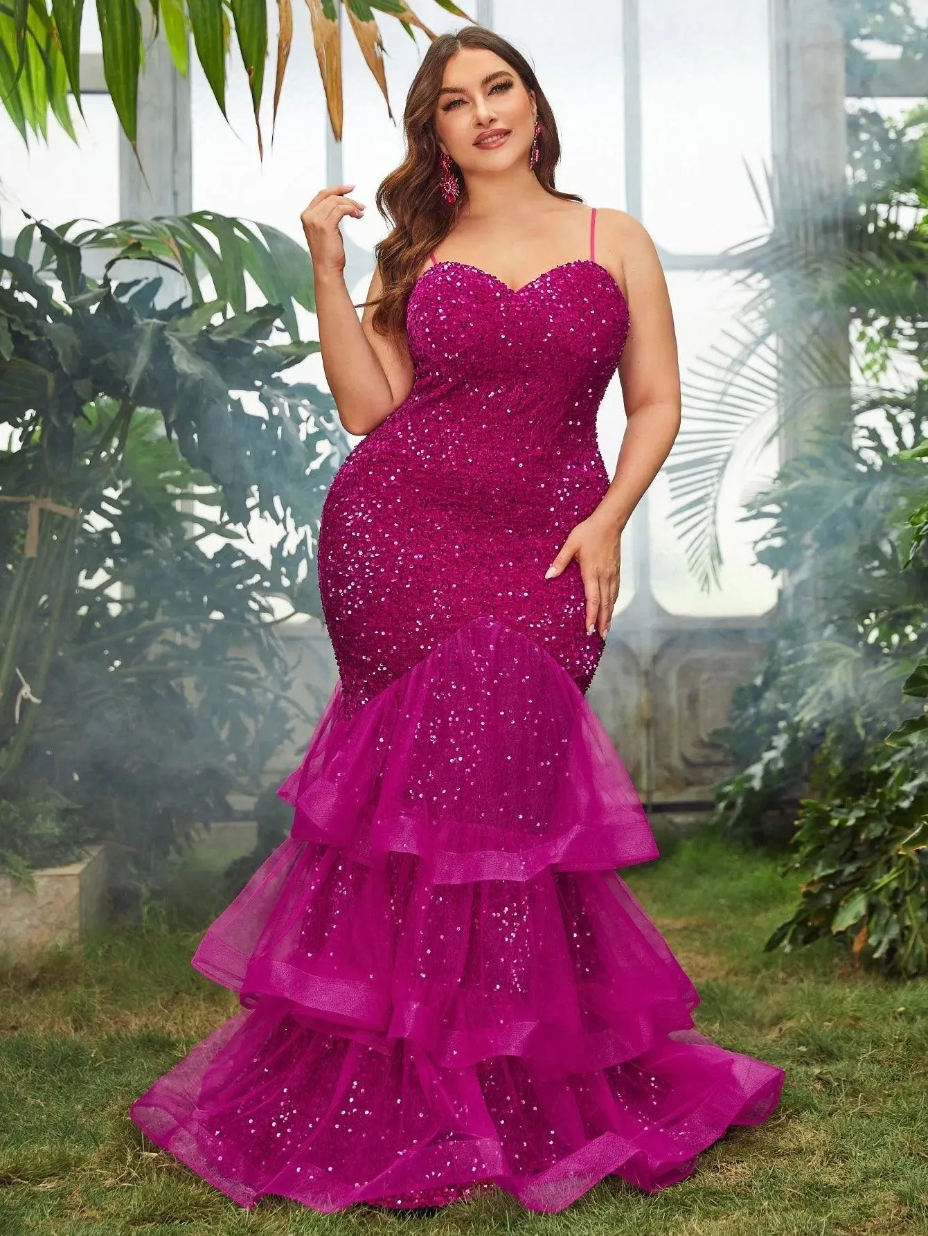 Plus Spaghetti Strap Sequin Mermaid Dress