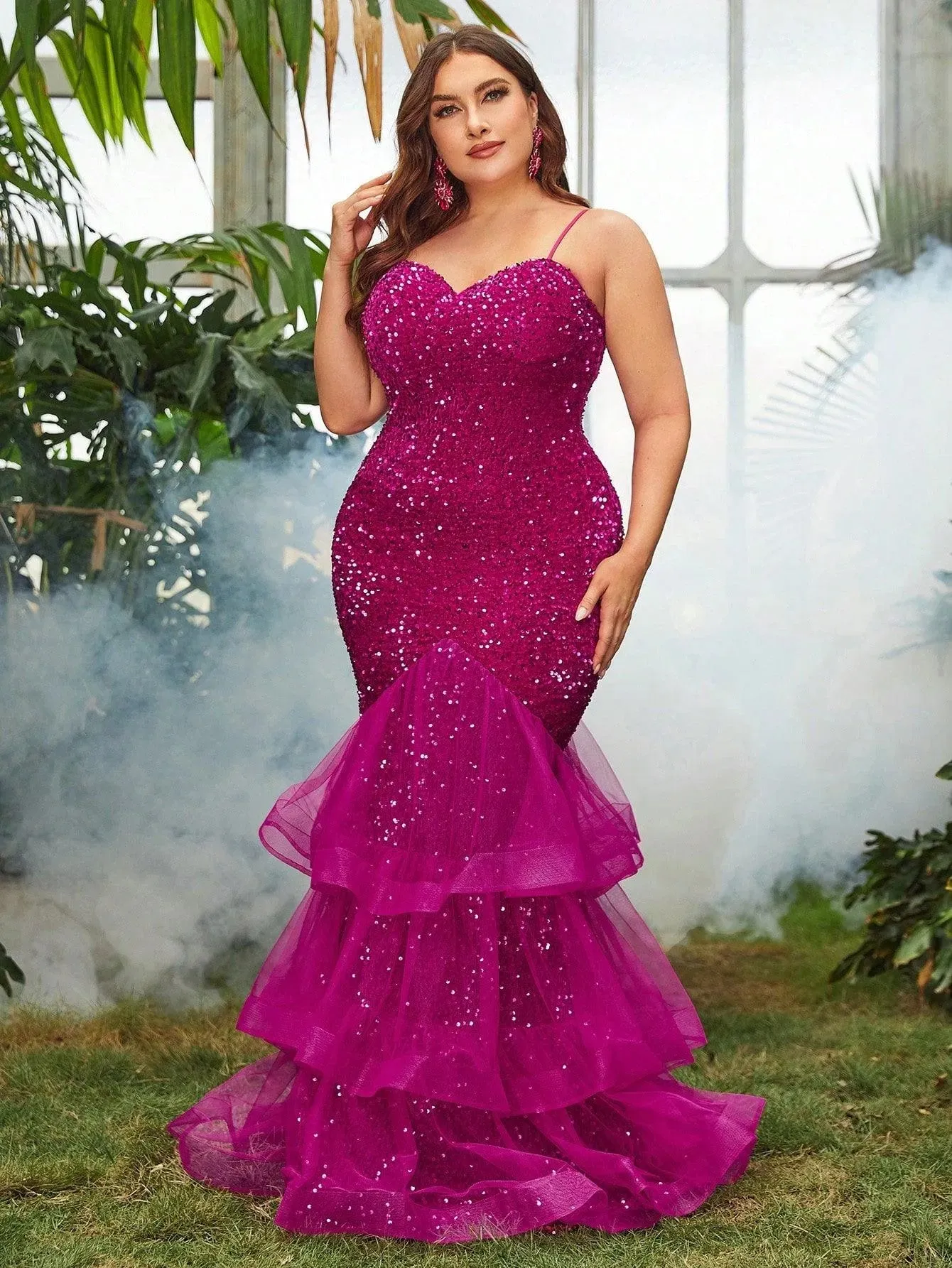 Plus Spaghetti Strap Sequin Mermaid Dress