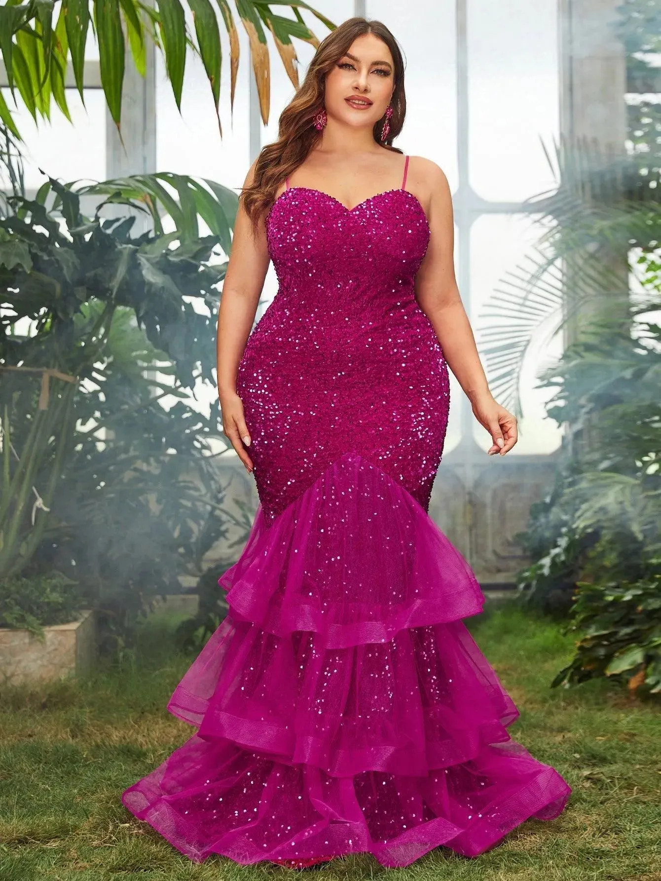 Plus Spaghetti Strap Sequin Mermaid Dress