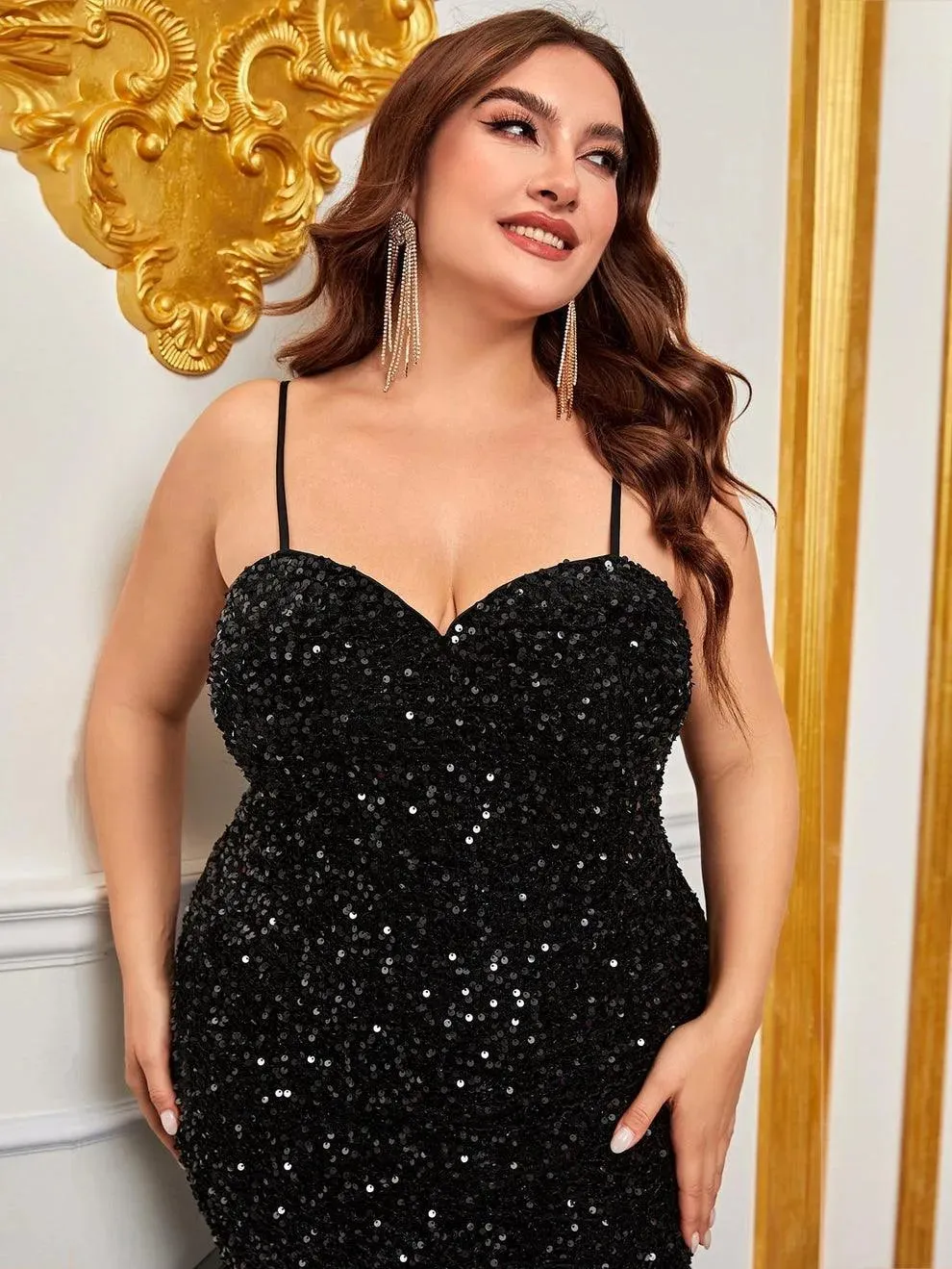 Plus Spaghetti Strap Sequin Mermaid Dress