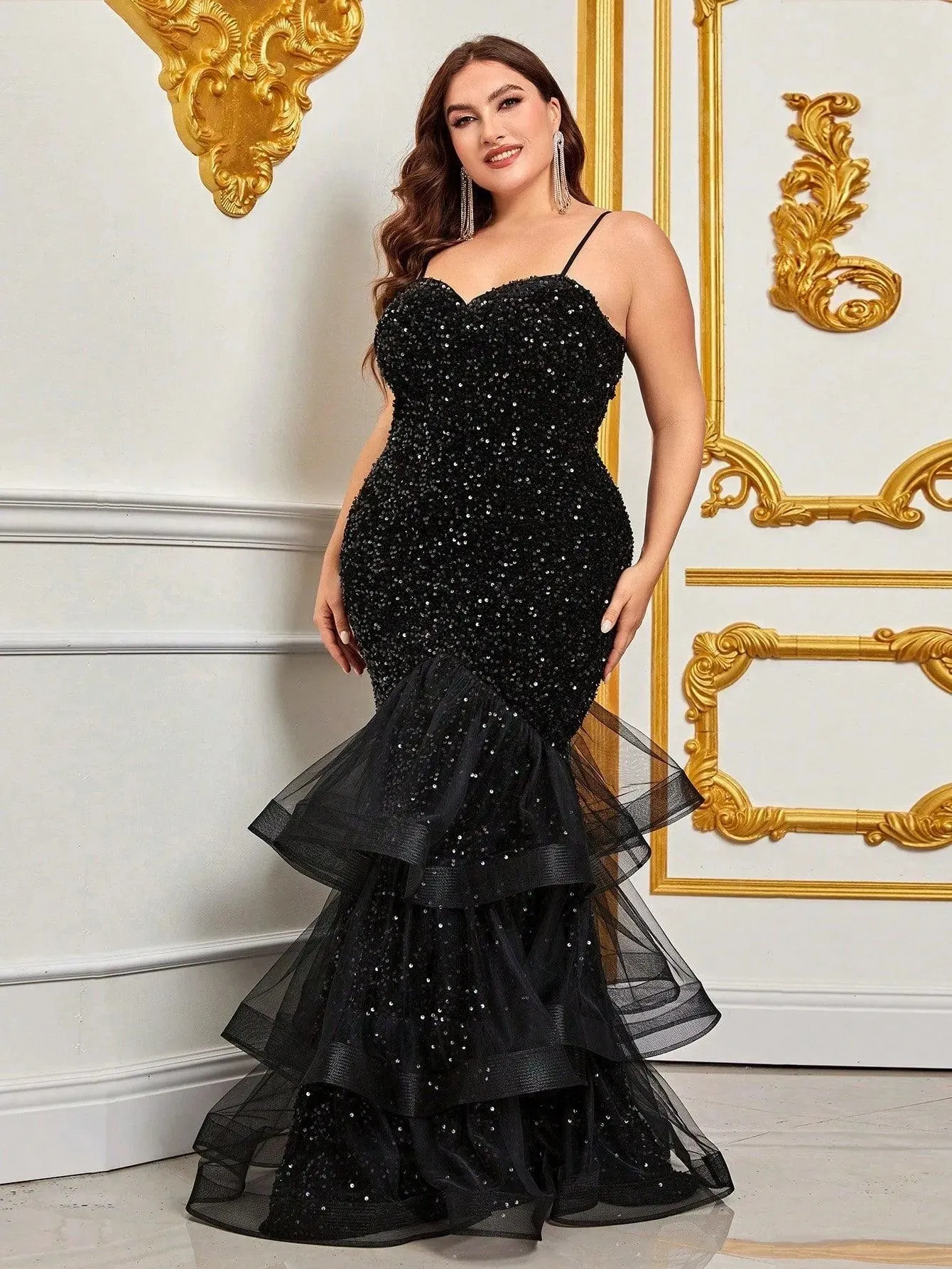 Plus Spaghetti Strap Sequin Mermaid Dress
