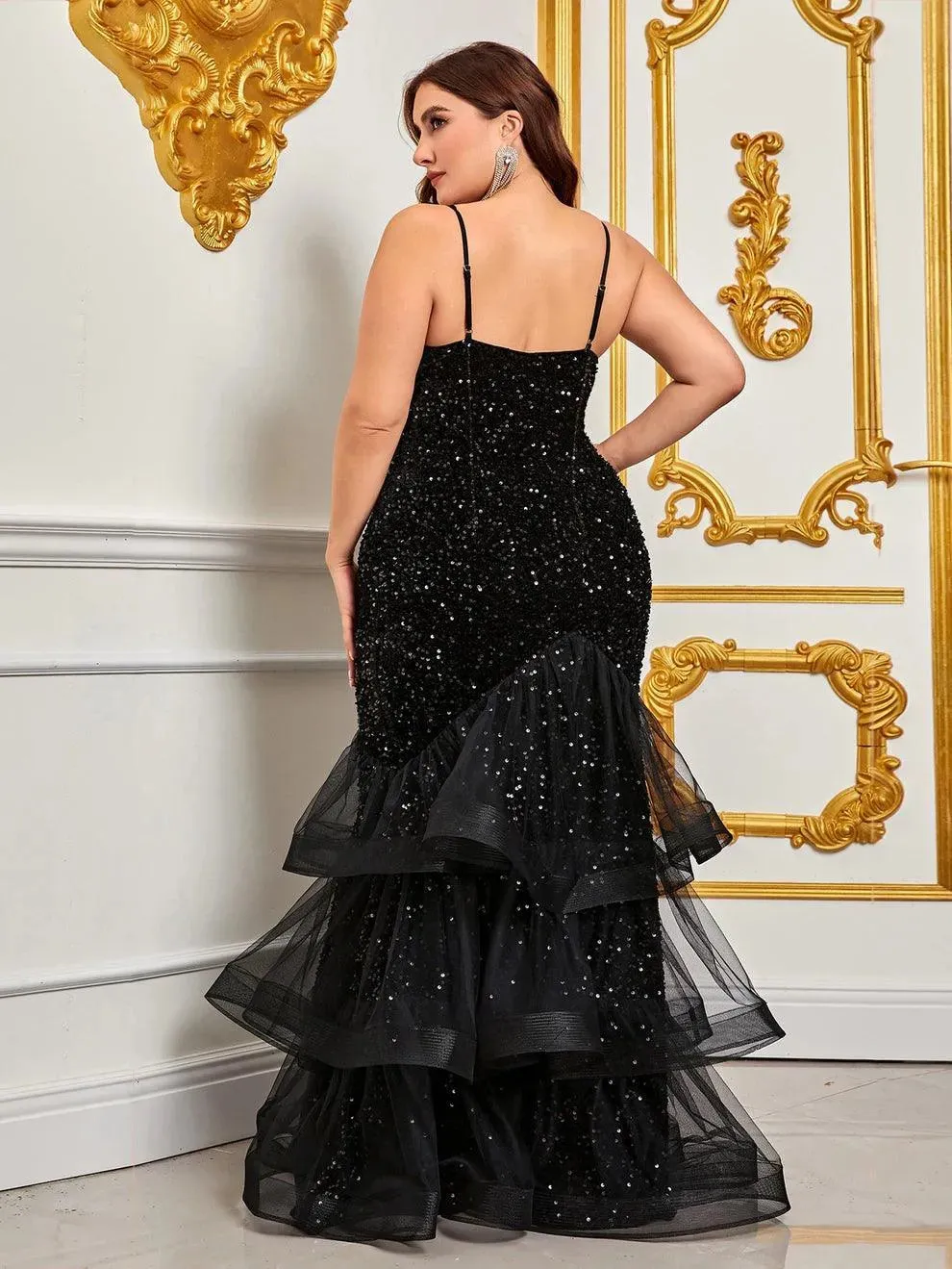 Plus Spaghetti Strap Sequin Mermaid Dress
