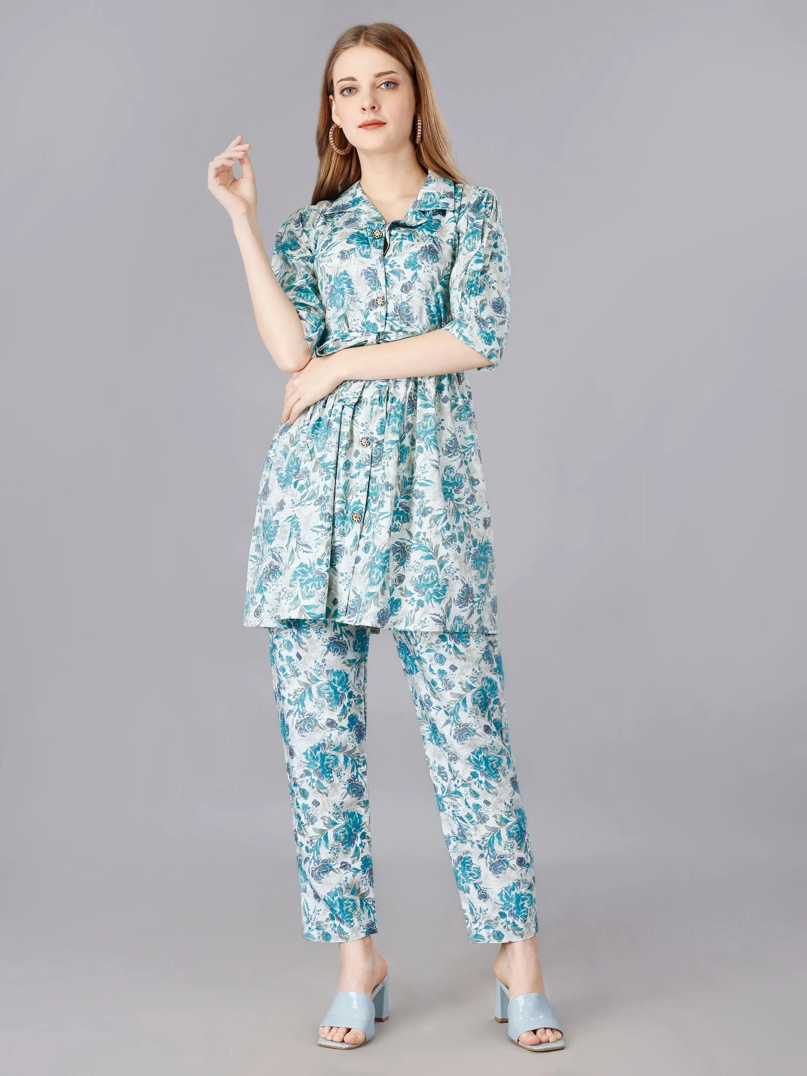 Printed  Blue 2-Piece Shirt & Trousers Set