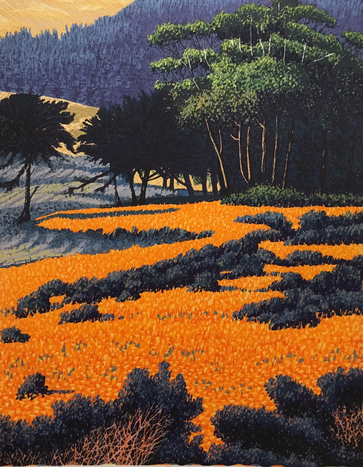 "Carmel Poppies" by Gordon Mortensen - Limited Edition Landscape Reduction Woodblock Print