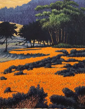 "Carmel Poppies" by Gordon Mortensen - Limited Edition Landscape Reduction Woodblock Print