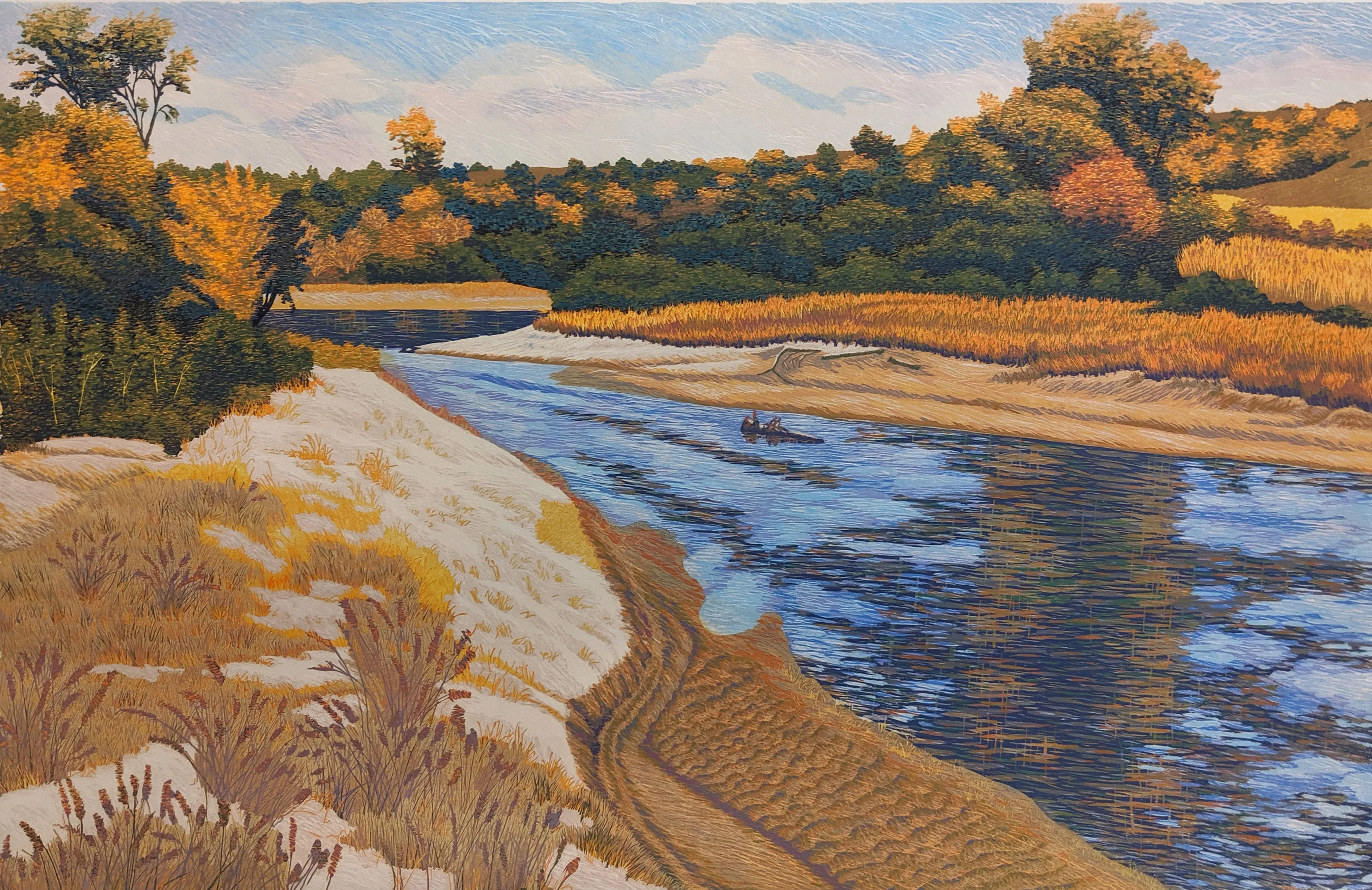 "The Little Sioux" by Gordon Mortensen - Limited Edition Landscape Reduction Woodcut Print