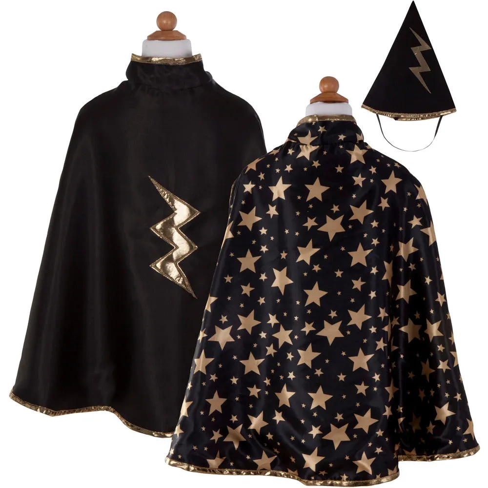 Reversible Wizard Cape & Hat, Black/Gold, Size 4-6