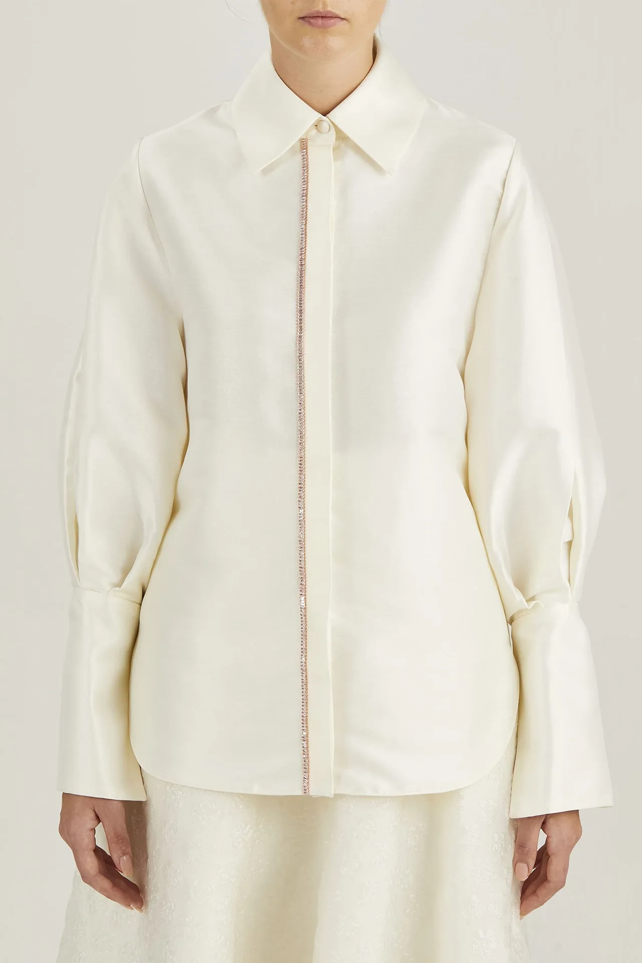 Shirt with Puffy Sleeves & Brocade A-Line Midi Skirt