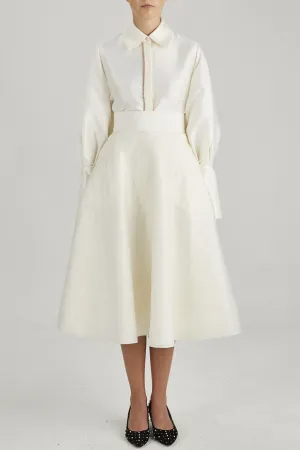 Shirt with Puffy Sleeves & Brocade A-Line Midi Skirt