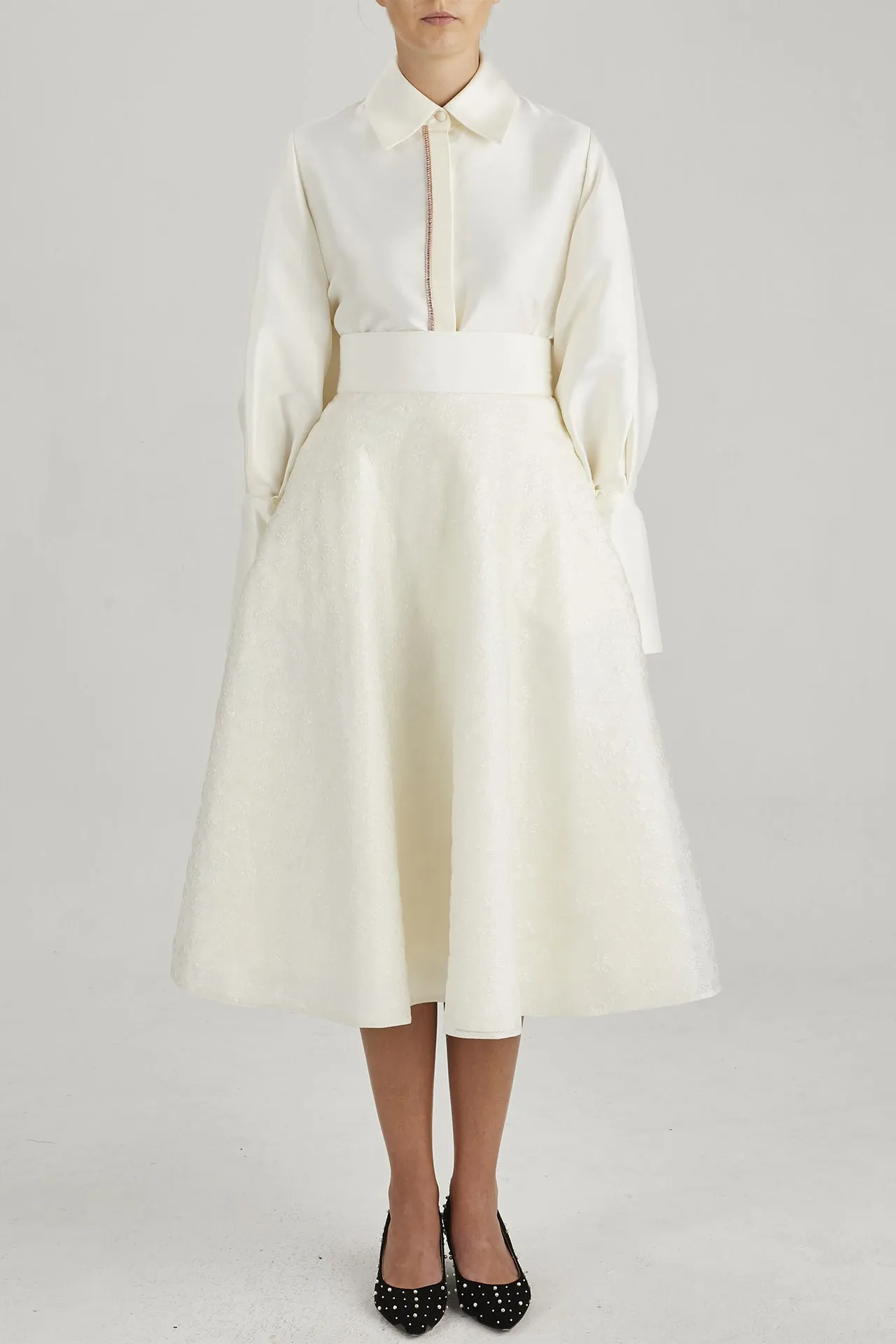 Shirt with Puffy Sleeves & Brocade A-Line Midi Skirt