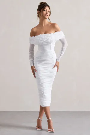 Sierra | White Mesh Ruched Floral Bardot Lace-Up Midi Dress