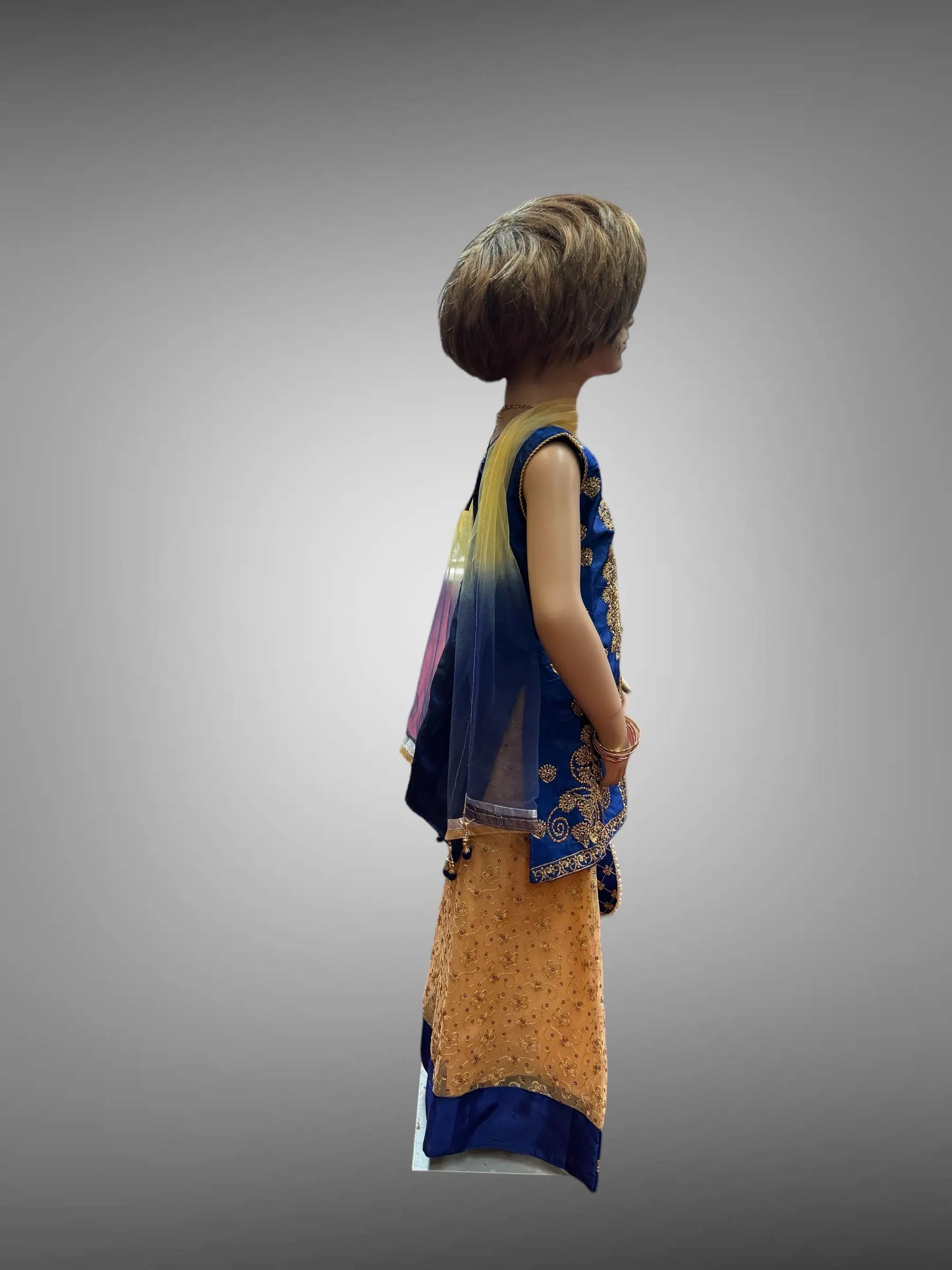Silk Embroidered Iridescent Royal Blue Kids Lehenga Set