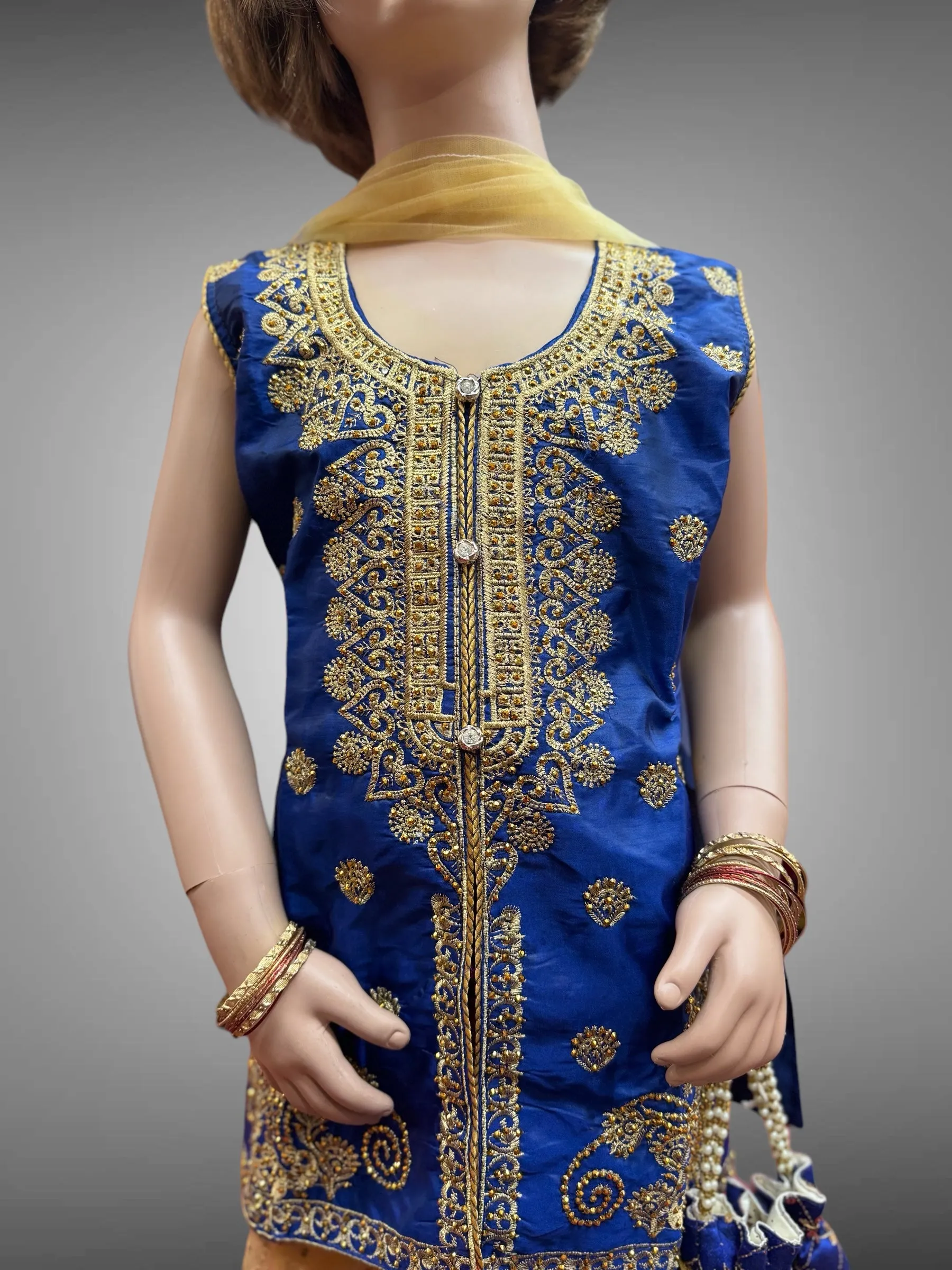 Silk Embroidered Iridescent Royal Blue Kids Lehenga Set