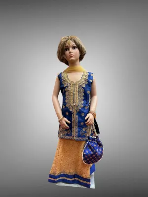 Silk Embroidered Iridescent Royal Blue Kids Lehenga Set