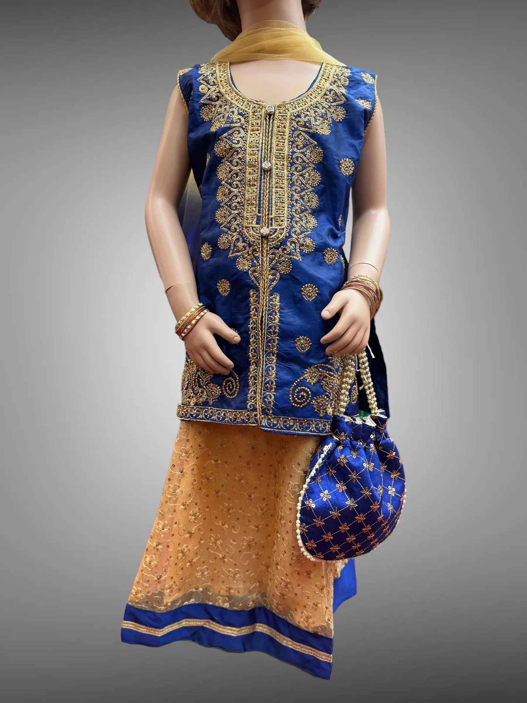 Silk Embroidered Iridescent Royal Blue Kids Lehenga Set