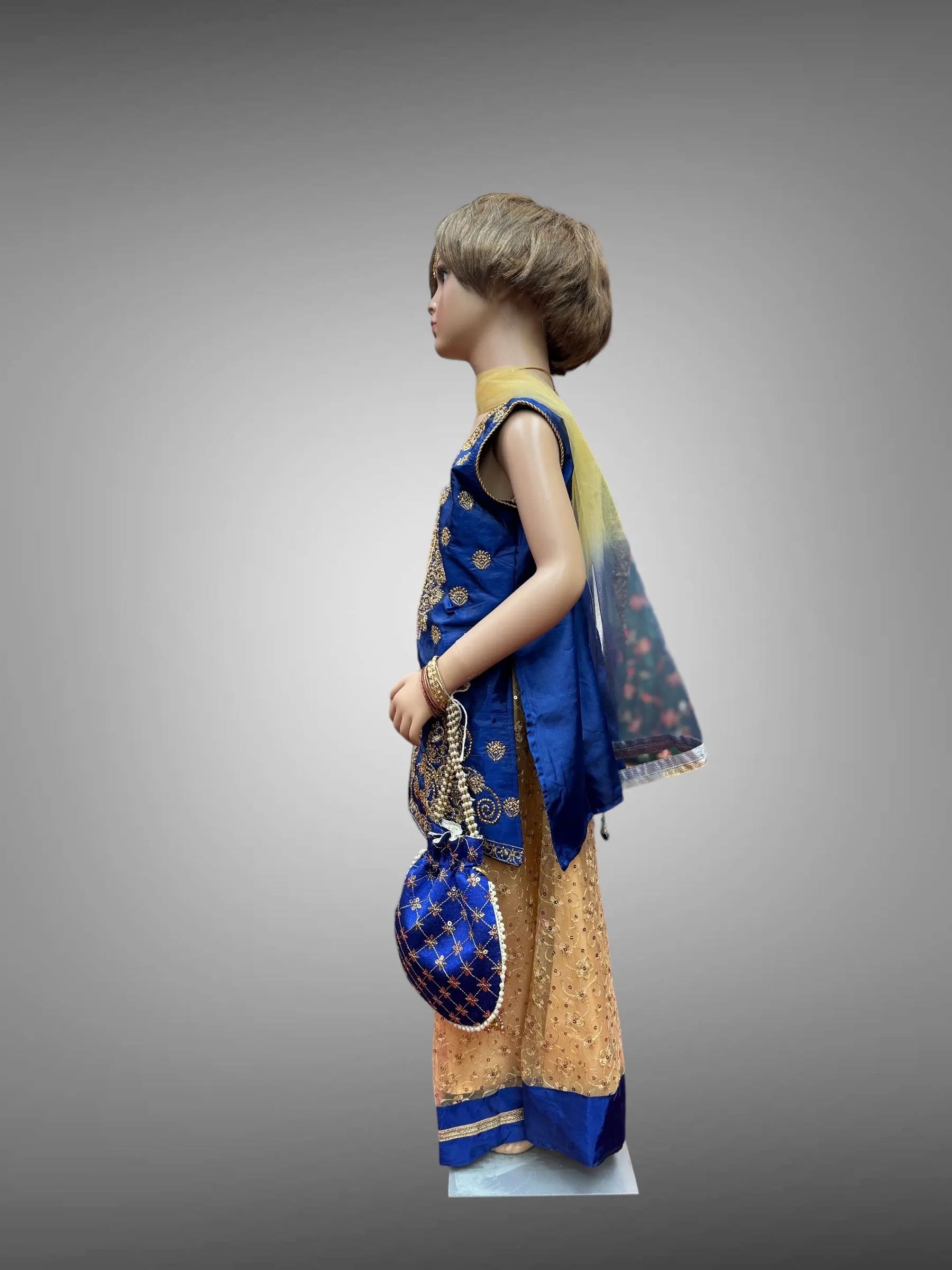 Silk Embroidered Iridescent Royal Blue Kids Lehenga Set