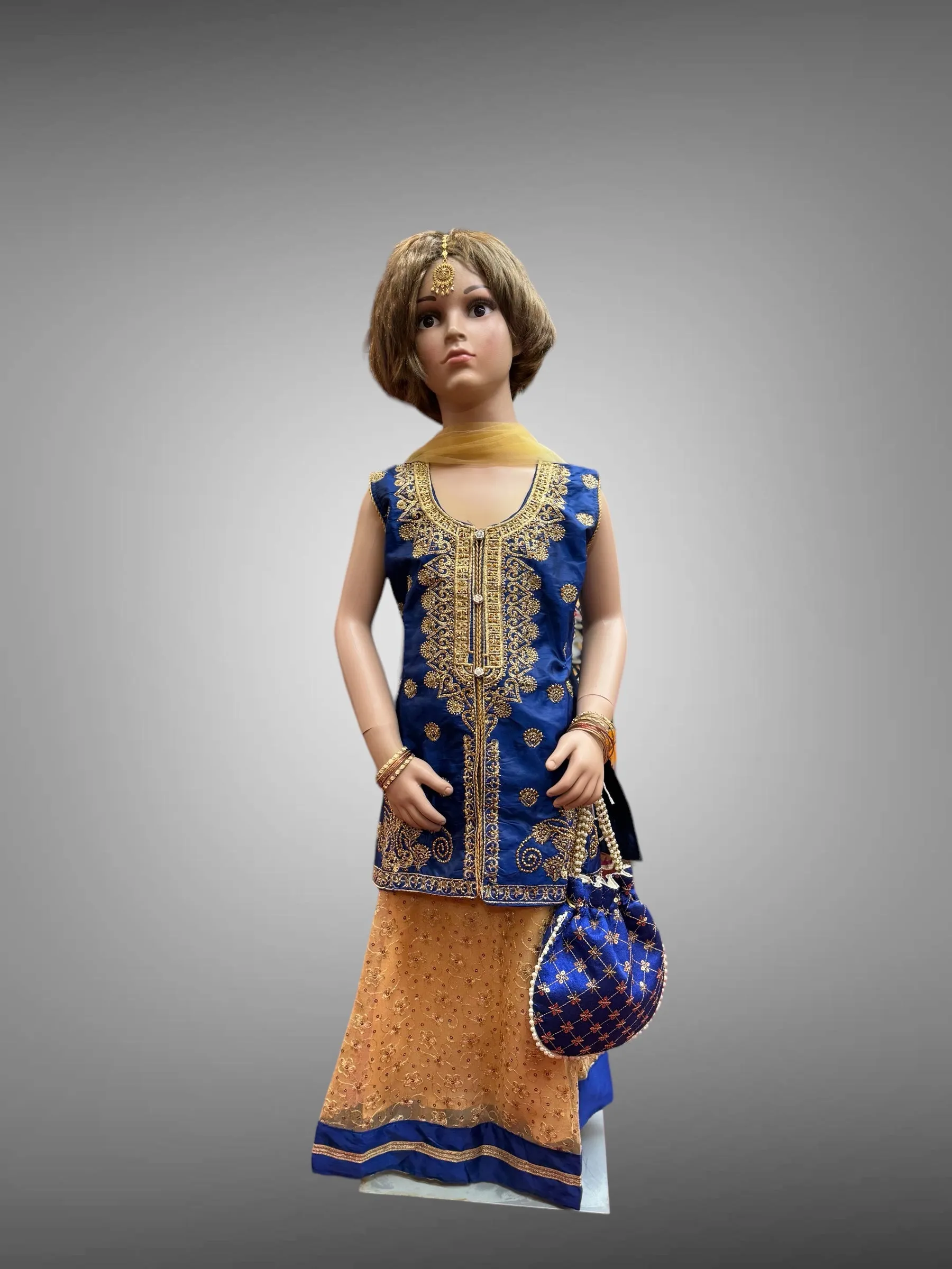 Silk Embroidered Iridescent Royal Blue Kids Lehenga Set