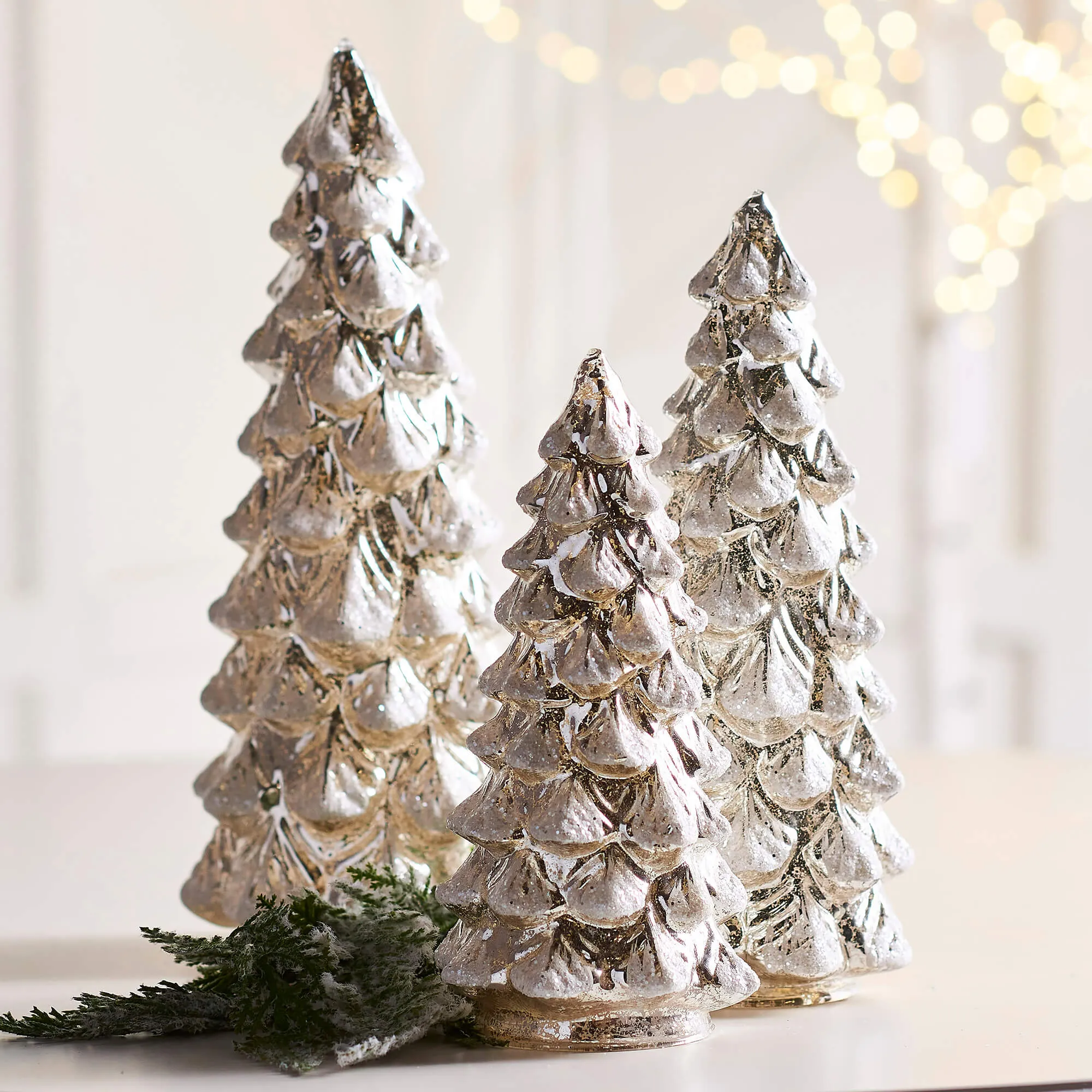 Snowy Silver Mercury Glass Lighted Trees Set/3