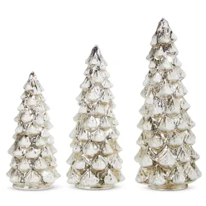 Snowy Silver Mercury Glass Lighted Trees Set/3