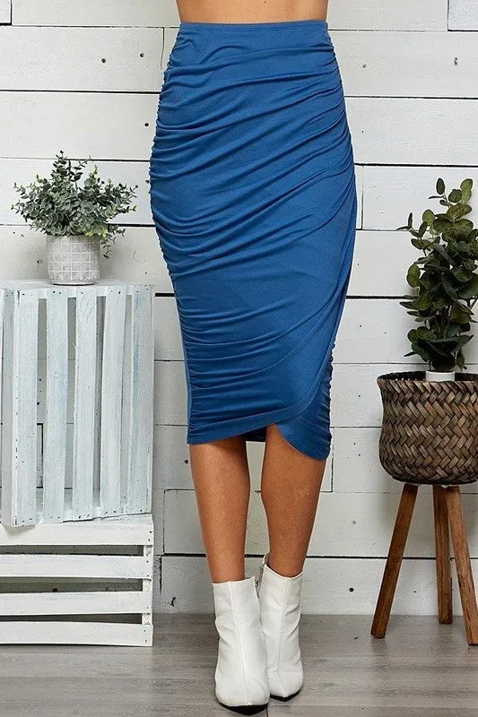 Soft White Wrapped Ruched Pencil Skirt