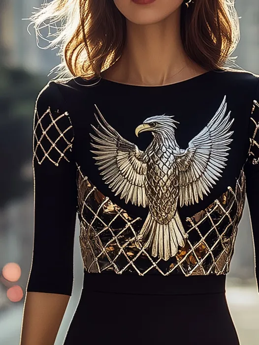 Stylish 3/4 Sleeves Eagle Print Bodycon Dress