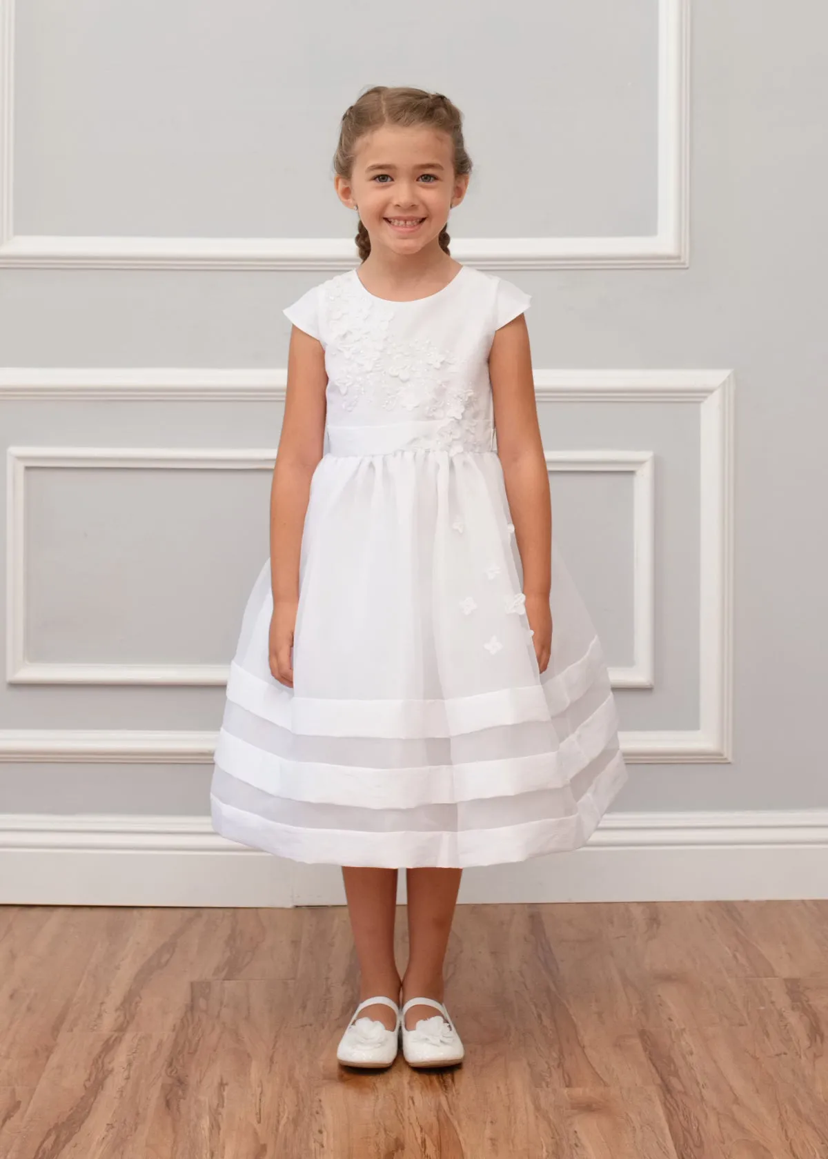 Taffeta Capped Sleeve Communion Dress with Flower Petal