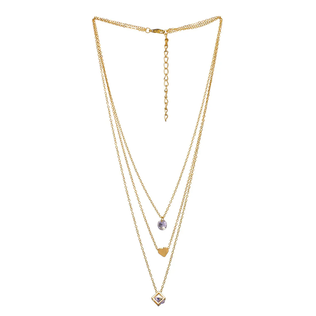 Three Layered Diamonti & Heart & Cube Shape Gold-Toned Pendant Necklace