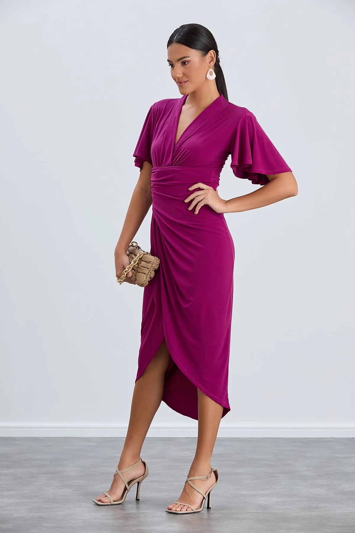 Timeless Angel Sleeve Wrap Dress in Vibrant Fuchsia