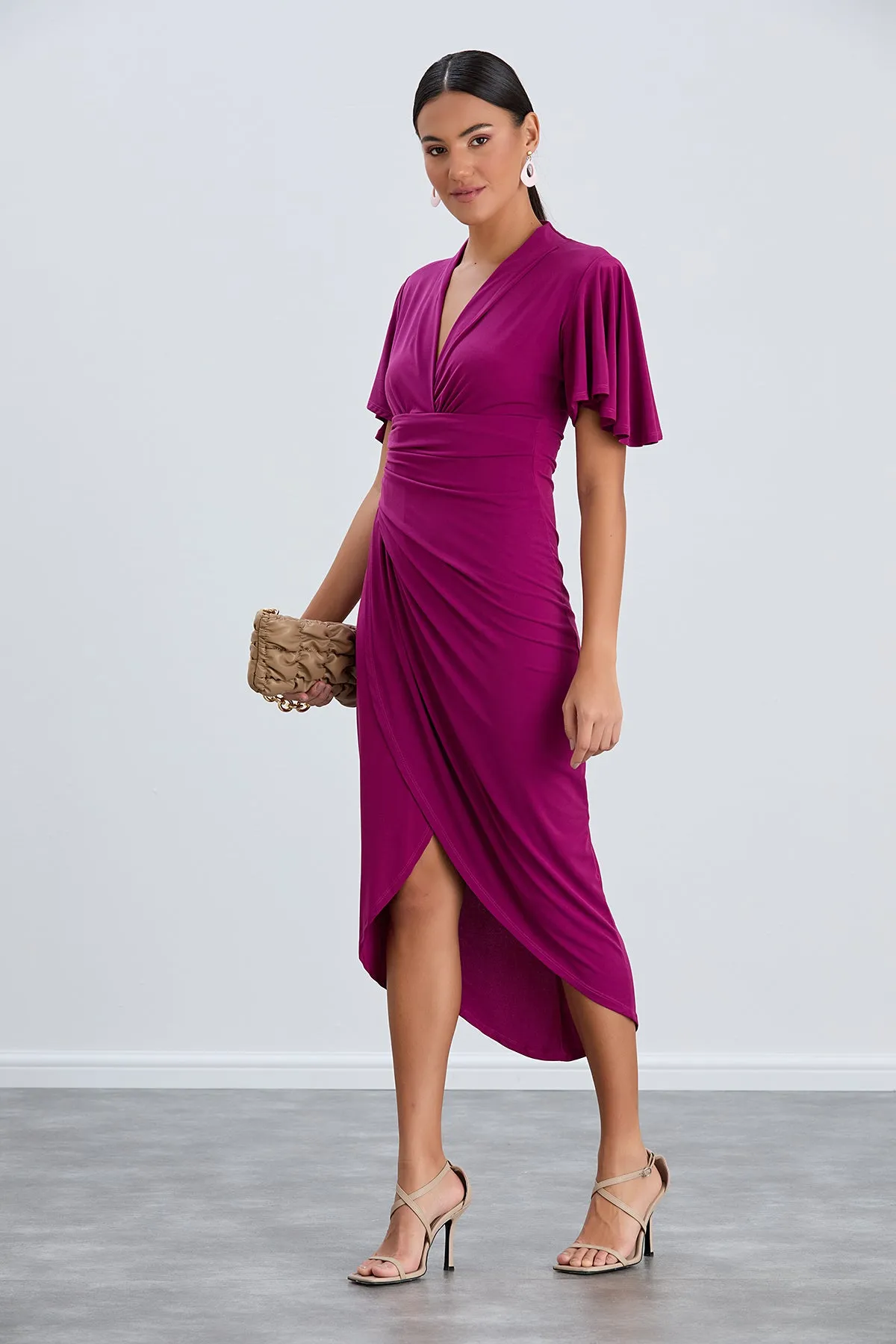 Timeless Angel Sleeve Wrap Dress in Vibrant Fuchsia