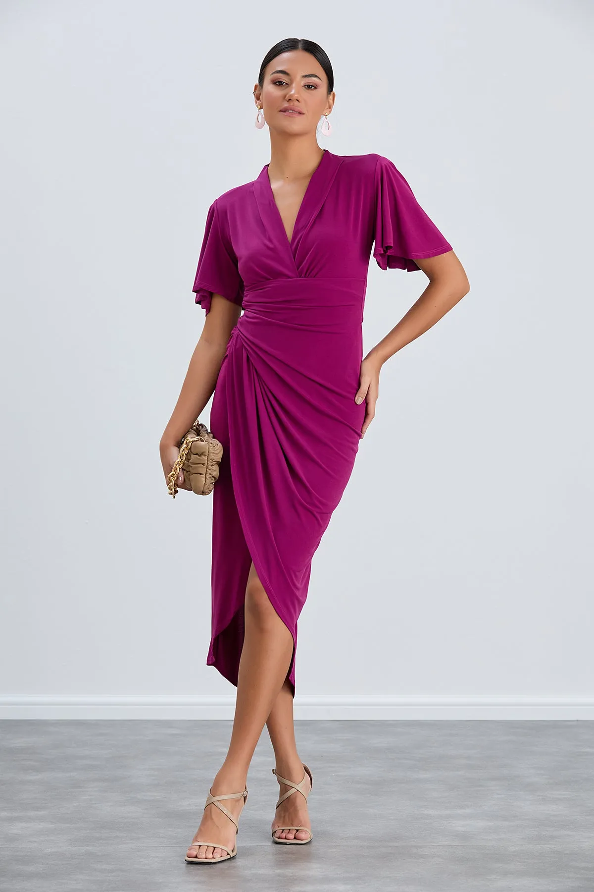 Timeless Angel Sleeve Wrap Dress in Vibrant Fuchsia