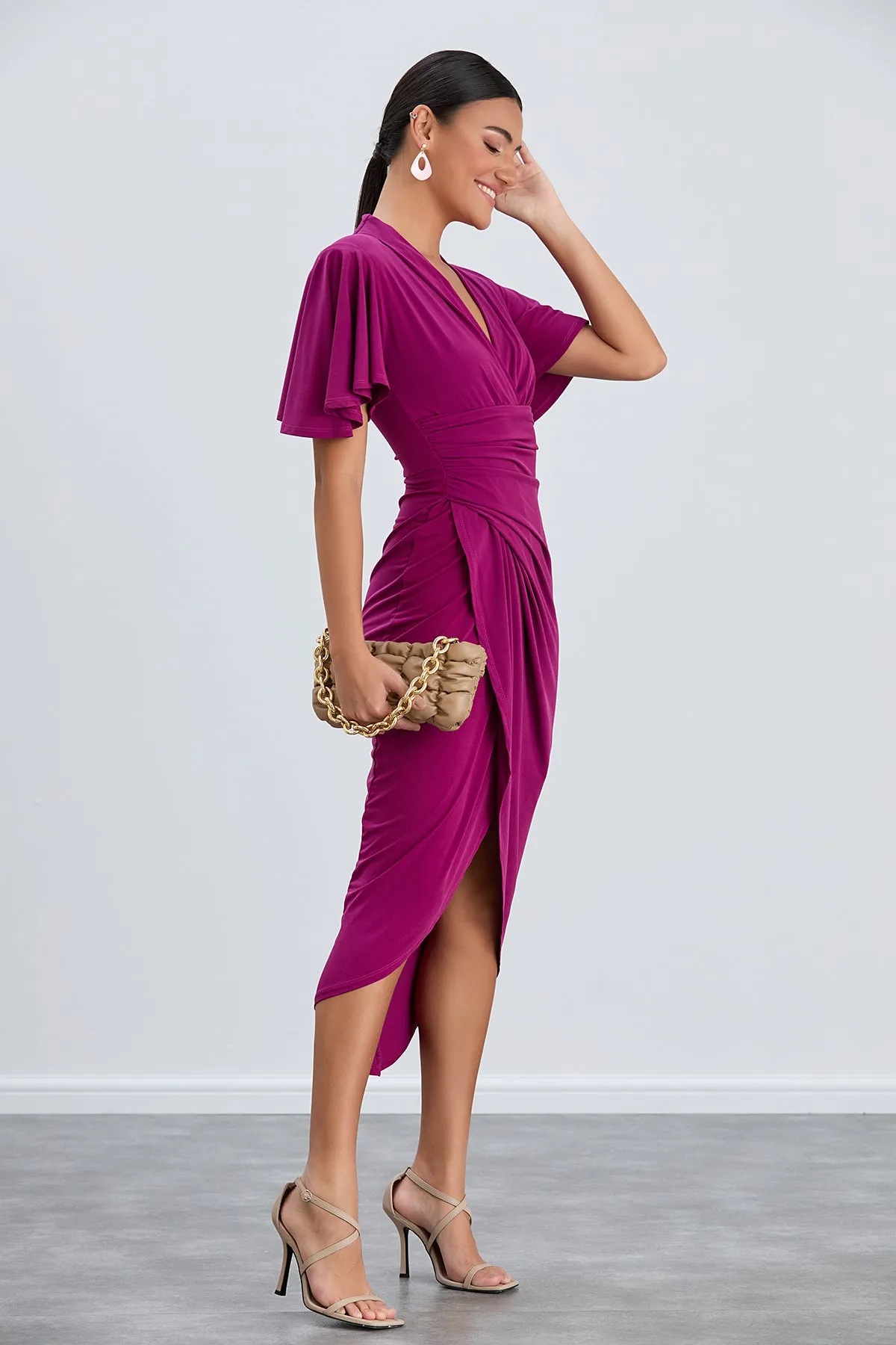 Timeless Angel Sleeve Wrap Dress in Vibrant Fuchsia