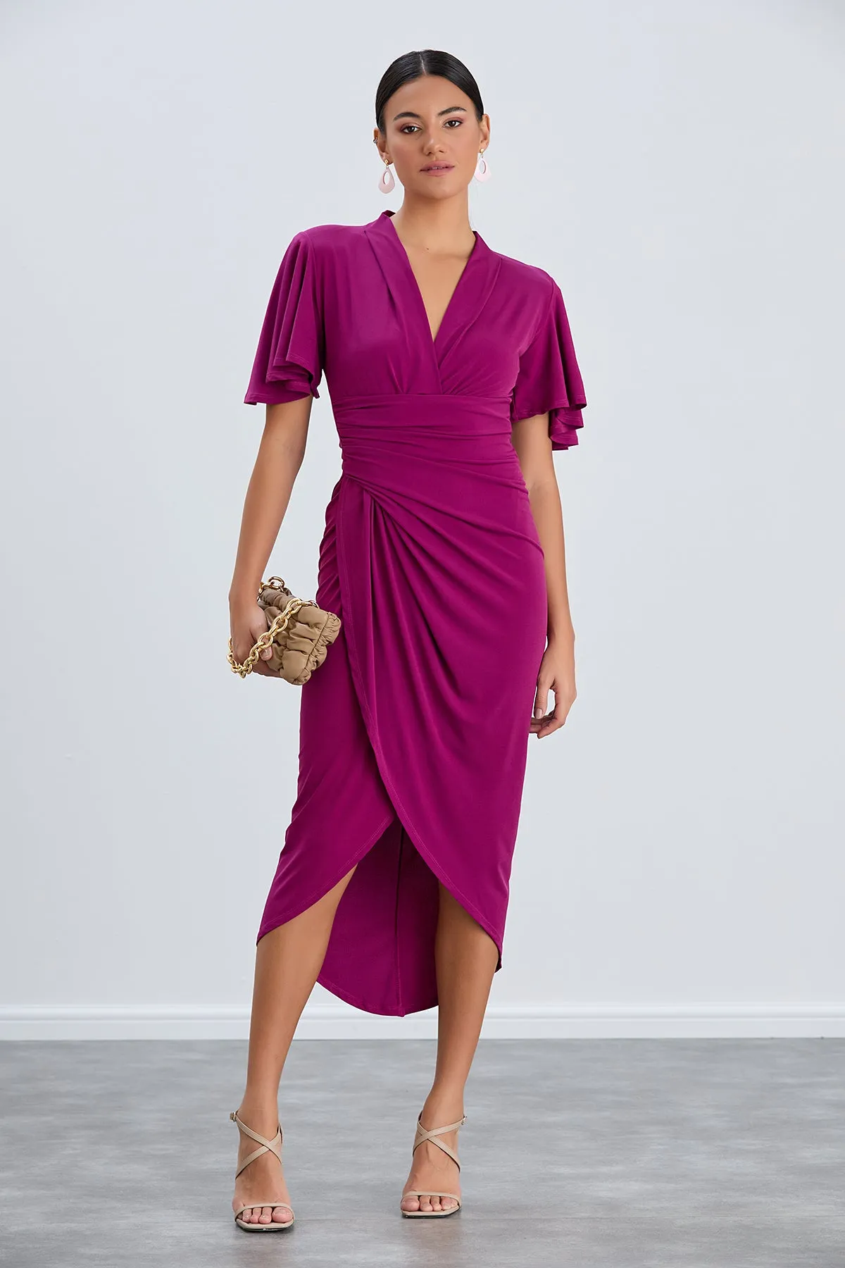 Timeless Angel Sleeve Wrap Dress in Vibrant Fuchsia